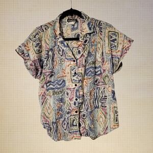 90s Oversized Geometric Print Cotton Blend Blouse Caliche Womens Small Cotton-50